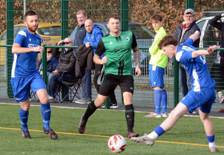 our goal Bridge hero Jordan Thomas is far left in this action shot against Narberth. Picture Gordon Thomas